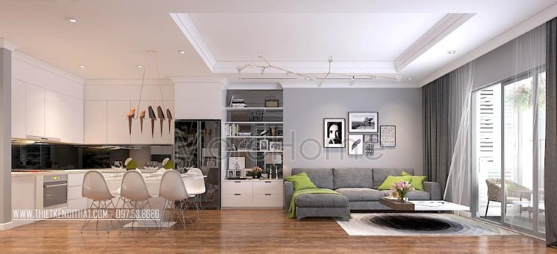 Thiết kế nội thất phòng bếp chung cư gỗ công nghiệp