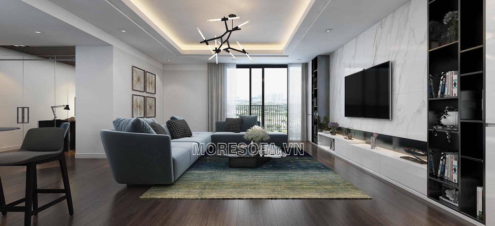 Thiết kế nội thất phòng khách hiện đại đẹp cho biệt thự với bộ sofa bọc nỉ cao cấp màu xanh lam Thiết kế nội thất phòng khách