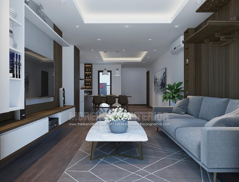 Thiết kế nội thất phòng khách chung cư với đồ nội thất gỗ công nghiệp hiện đại Thiết kế nội thất phòng khách