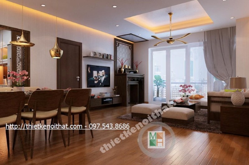 Nội thất phòng khách chung cư với những đường nét thiết kế nhẹ nhàng, sự kết hợp tinh tế giữa không gian, vật dụng, ánh sáng và màu sắc, không gian tiếp khách của gia chủ trở nên sinh động hơn, sang trọng và thanh thoát hơn Thiết kế nội thất phòng khách
