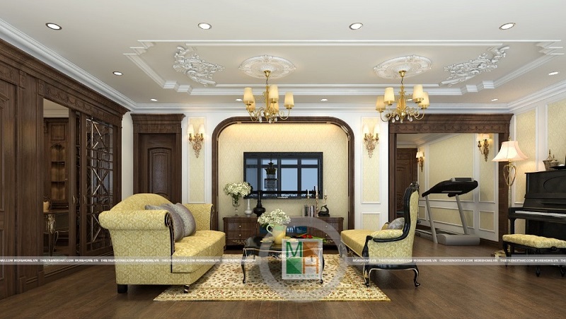 Mẫu thiết kế phòng khách chung cư đẹp với bộ sofa tân cổ điển màu vàng ánh kim ấn tượng cuốn hút mọi ánh nhìn thiết kế nội thất phòng khách
