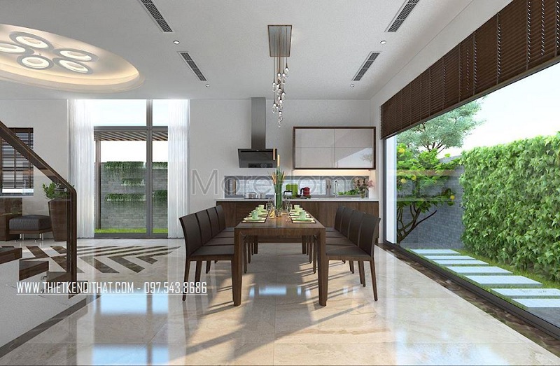 Thiết kế nội thất biệt thự đẹp với bộ bàn ăn gỗ tự nhiên mang đến không gian phòng ăn lí tưởng sang trọng