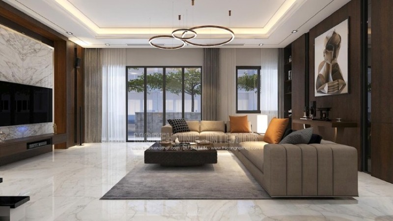 Thiết kế nội thất phòng khách biệt thự cao cấp tại Parkcity ấn tượng với phong cách trang trí hiện đại sang trọng. thiết kế nội thất phòng khách