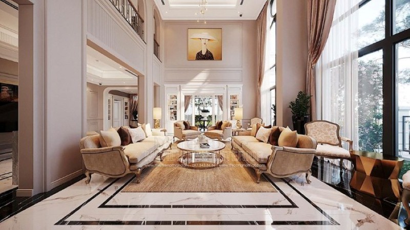 Sắp xếp nội thất phòng khách thông tầng biệt thự tân cổ điển cao cấp tại Vinhomes Imperia Hải Phòng. thiết kế nội thất phòng khách