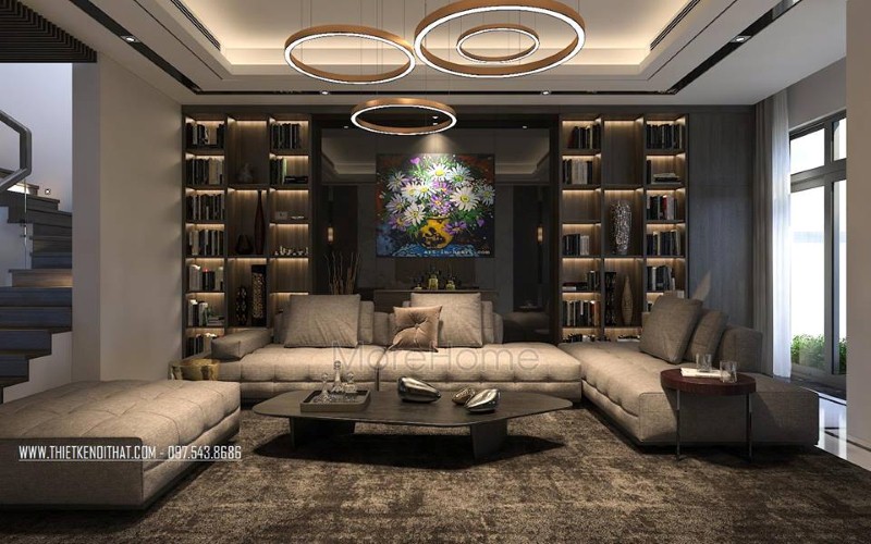 Sofa hiện đại màu xám cao cấp đẹp tạo điểm nhấn ấn tượng cho phòng khách rộng, lớn. thiết kế nội thất phòng khách