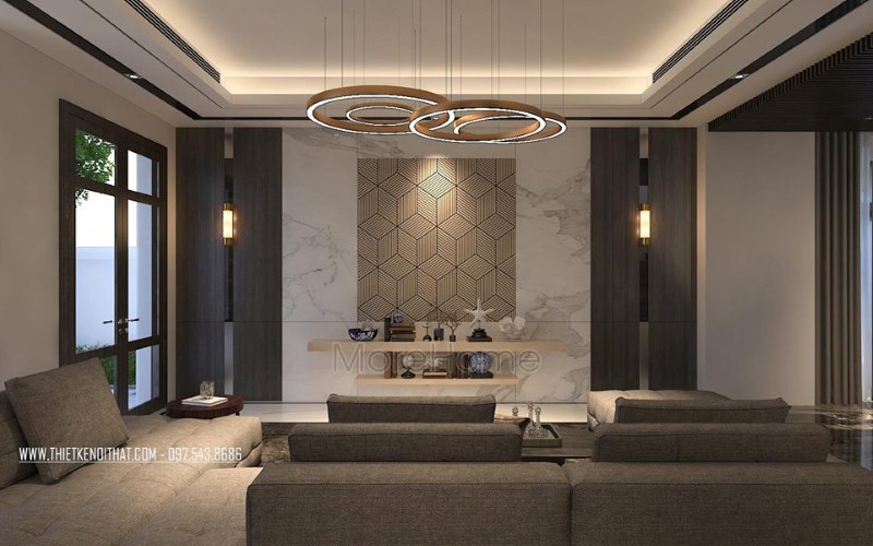 Bố trí phòng khách hiện đại ấn tượng với đá ốp tường cao cấp cùng họa tiết 3D độc đáo. thiết kế nội thất phòng khách