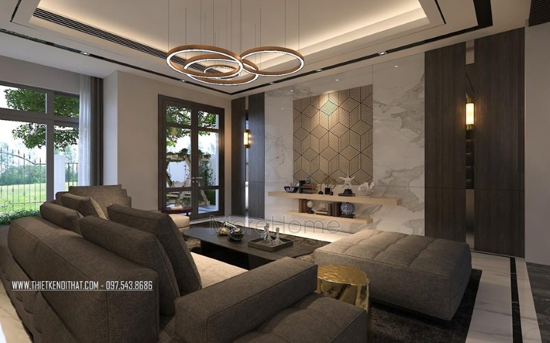 Bố trí không gian phòng khách rộng, hiện đại ấn tượng với ý tưởng sử dụng gam màu đối lập từ xám trắng cùng đồ nội thất cao cấp. thiết kế nội thất phòng khách