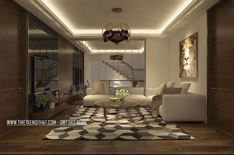 Phòng khách tầng 2 gia chủ lựa chọn tông màu kem sáng từ nội thất tạo sự tươi mới, thư giãn cho không gian tiếp khách cũng như nghỉ chân tiện nghi. Thiết kế nội thất phòng khách