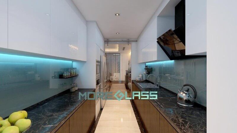Mẫu kính bếp màu xanh dương đẹp cho phòng bếp chung cư, biệt thự, nhà phố.