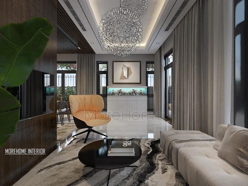 Bố trí nội thất phòng khách hiện đại tinh tế với bể cá phong thủy.