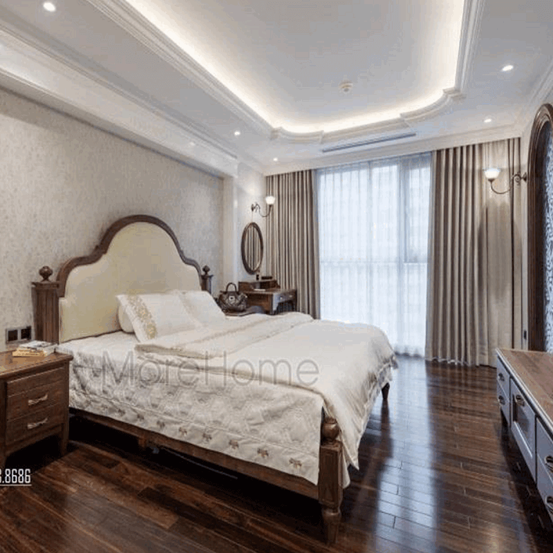 Mẫu thiết kế giường ngủ gỗ tự nhiên màu nâu trầm đẹp với đầu giường cách điệu mang đến vẻ đẹp sang trọng cho căn phòng ngủ gia đình bạn.