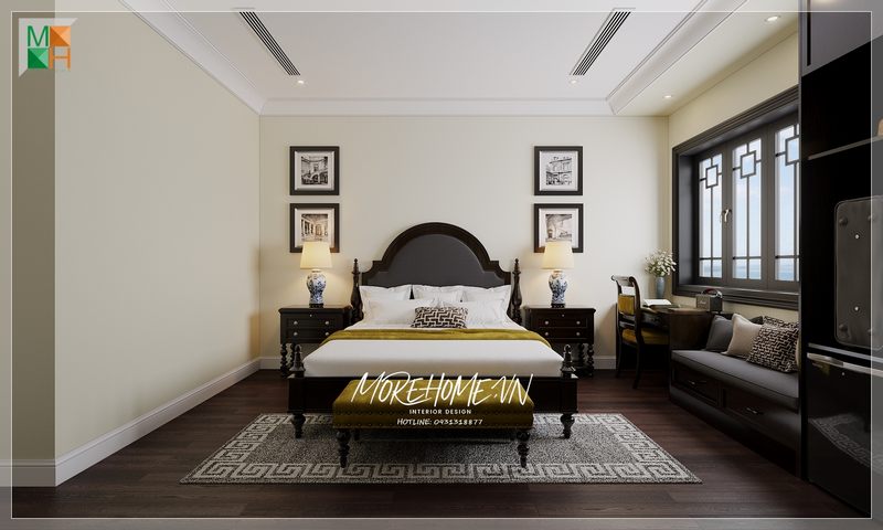 Gợi ý mẫu thiết kế phòng ngủ sang trọng với nội thất gỗ tự nhiên được phủ sơn đen theo phong cách Indochine huyền bí giường ngủ bọc nỉ