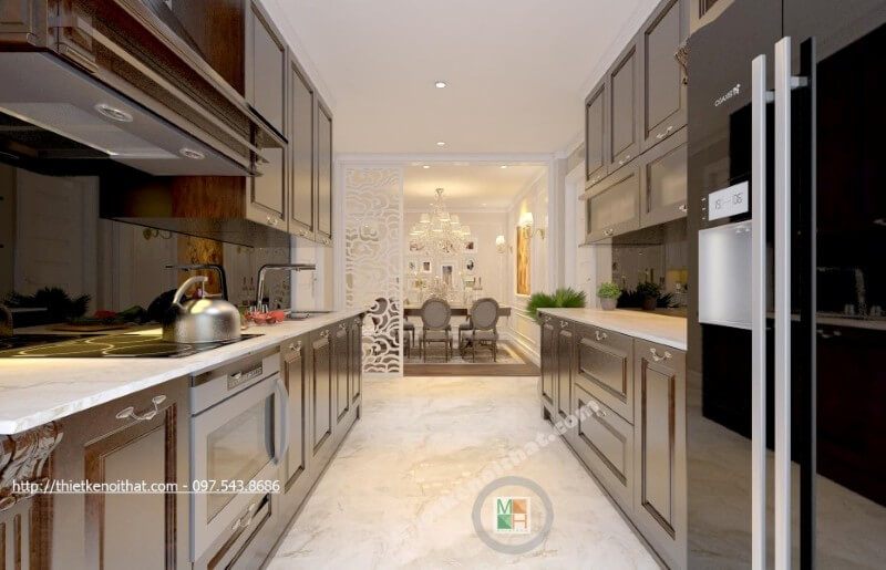Đá ốp bếp nhân tạo màu trắng được coi như điểm nhấn ấn tượng cho không gian phòng bếp