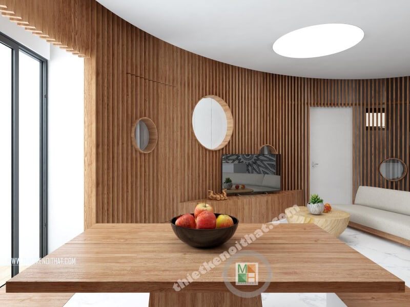 Mẫu bàn ăn gỗ tự nhiên hiện đại kết hợp tường ốp gỗ đồng màu mang đến sự ấn tượng, sang trọng.