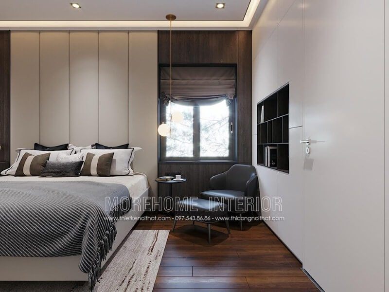 Kệ tủ âm tường đẹp sẽ làm nổi bật không gian ngủ hiện đại với nét liền mạch ấn tượng.