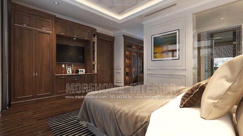 Thiết kế nội thất phòng ngủ tân cổ điển gỗ óc chó độc đáo bao gồm một tủ quần áo gỗ óc chó được kết hợp với hệ tủ trang trí và một tủ kệ tivi.